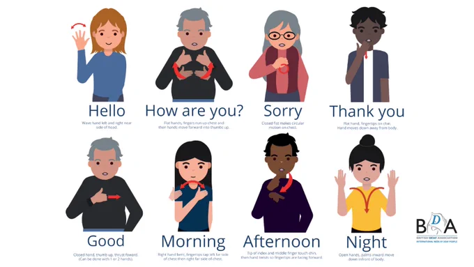 A white rectangle graphic with the British Deaf Association logo. There are illustrations of eight people demonstrating sign language for common greetings and phrases. 