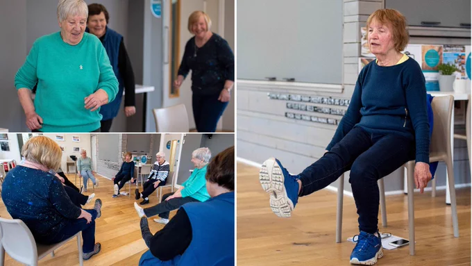 A montage of images showing a group of older women smiling as they take part in a guided Strength and Balance class.