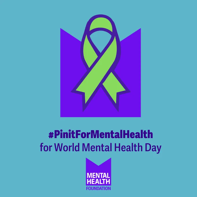 A green awareness ribbon over an M shaped graphic. Text underneath says: "#PinItForMentalHealth for World MentalHealthDay." Below is the Mental Health Foundation logo. 