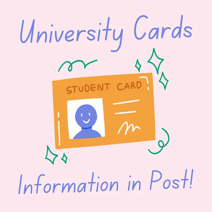 An illustration of an orange student card with a simple image of a blue person with a smiley face is in the middle of the page. Text around it reads University Cards Information in Post!