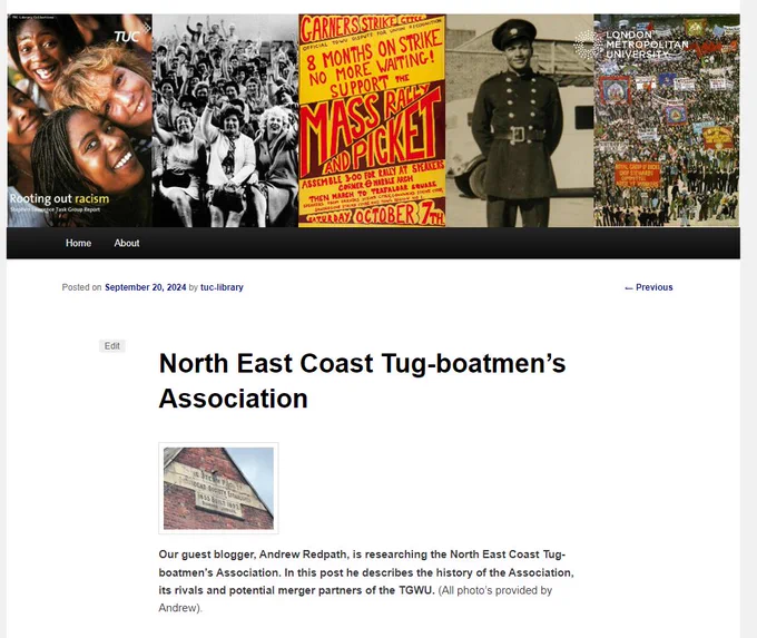 Screenshot of Blog post with title North East Coast Tug-boatmen's Association, with a photo of the organisation's name on the front of a building
