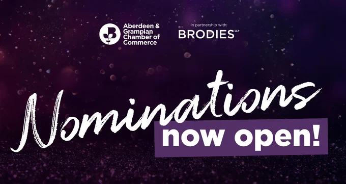 Graphic courtesy of Aberdeen & Grampian Chamber of Commerce (AGCC).
Nominations now open! With AGCC & Brodies LLP logos.
