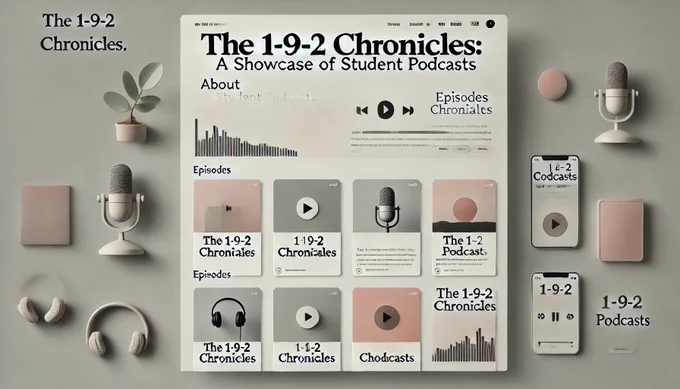 Minimalist website design for the 1-9-2 Chronicles podcast, featuring a clean layout with a simple header in neutral tones. Podcast episodes are displayed in a grid of flat card designs with titles, brief descriptions, and play buttons. The color scheme uses soft grays and muted accents, with a small top menu for navigation.