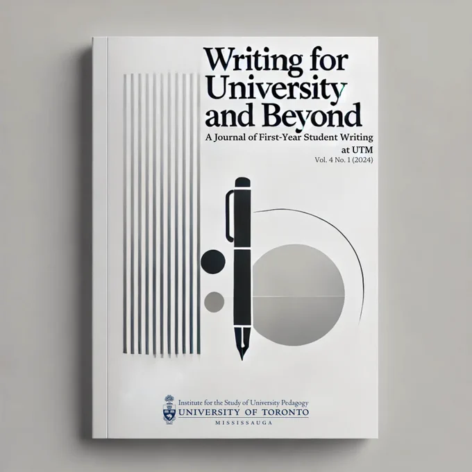 Minimalistic promotional image for "Writing for University and Beyond: A Journal of First-Year Student Writing at UTM" with a neutral color palette and abstract writing elements.
