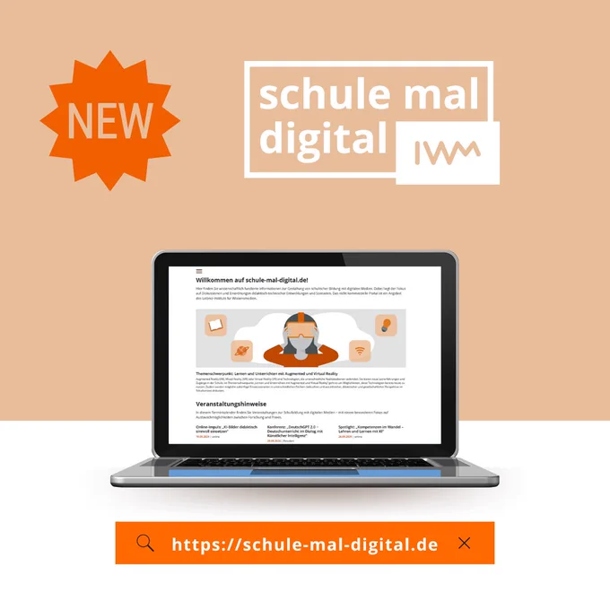 Logo: Schule mal digital. Daneben Schrift: "New" in Orange. Darunter ein Vorschaubild einer Website auf einem Laptopbildschirm. Darunter ist die URL sichtbar: schule-mal-digital.de