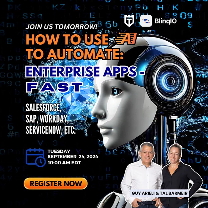 How to Use AI to Automate Enterprise Apps – Fast
Salesforce, SAP, Workday, Servicenow, etc. with Tal Barmeir and Guy Arieli for the TestGuild Training session by Joe Colantonio
