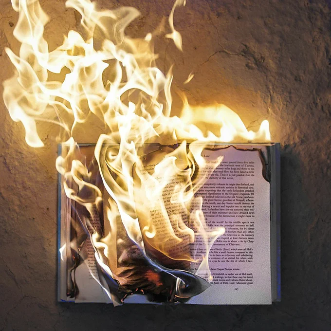 Image of a book burning, by Freddy Kearney on Unsplash.