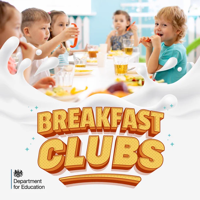 A photo of a group of children eating breakfast with the caption - Breakfast Clubs and the Department for Education logo