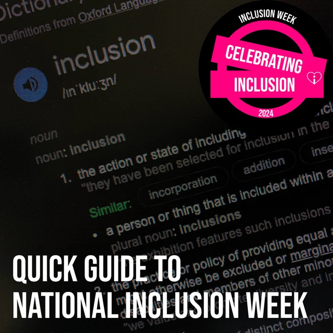 Our National Inclusion Week 2024 Celebrating Inclusion logo, and the words 'Quick Guide to National Inclusion Week' sit on a screenshot background of the dictionary definition of inclusion.