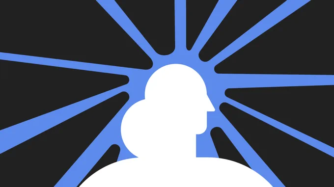 A illustration of a figure in white, numerous abstract shapes (dark grey) are heading towards it's head, over a dark blue background