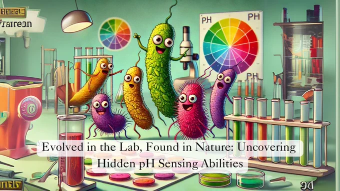 Illustration of colorful cartoon microbes with expressive eyes in a playful lab setting, surrounded by test tubes, petri dishes, and pH color wheels. The microbes are depicted in various shapes and colors, creating a lively and engaging scene that visually represents the theme of pH sensing in lab-evolved microbes.