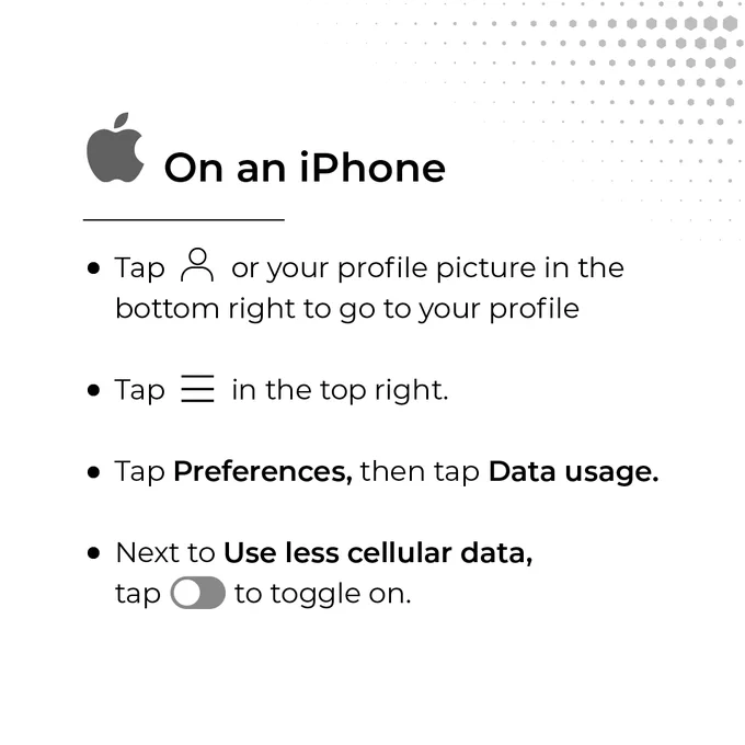 Instructions on how to reduce data usage on an iPhone: Tap your profile icon, then the menu icon. Select “Preferences,” tap “Data usage,” and toggle on “Use less cellular data.”