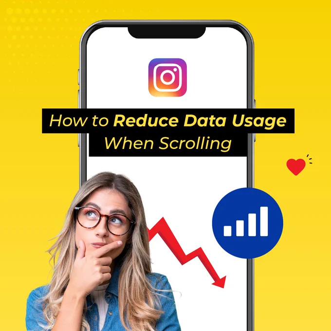 A woman with glasses looks thoughtful; a smartphone screen behind her displays an Instagram logo and a falling data graph. Text reads "How to Reduce Data Usage When Scrolling.”