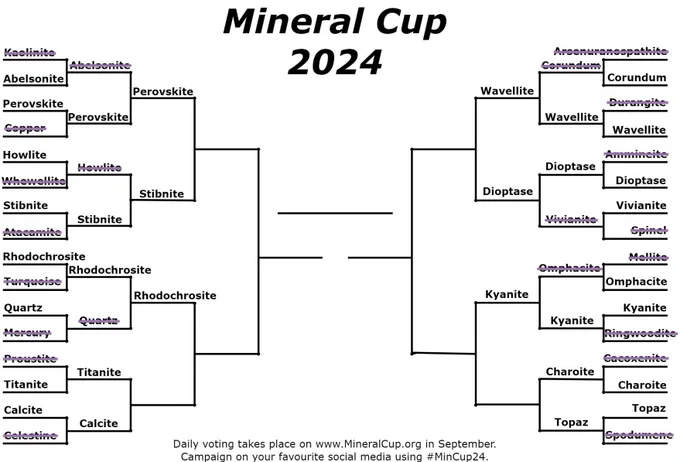 Actual bracket of the MinCup. In round 3, there will be the matches perovskite vs. stibnite, wavellite vs. dioptase, rhodochrosite vs. either titanite or calcite and kyanite vs. either charoite or topaz. 