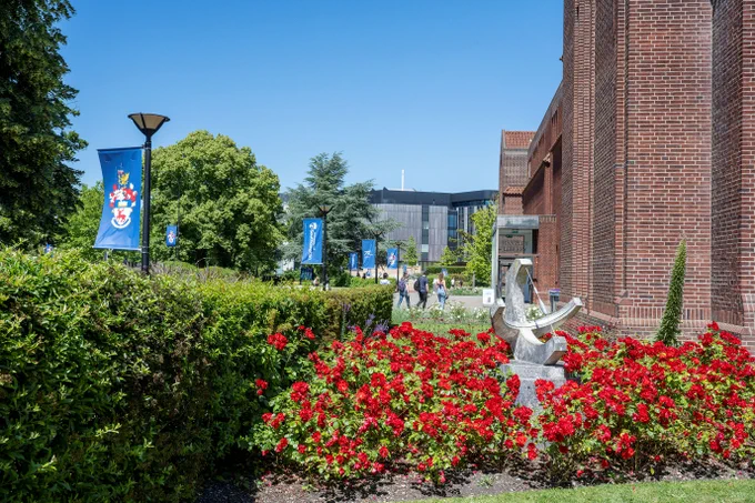 University of Southampton's campus, with the Hartley Library on the right. There are red roses in the foreground and blue banners with the University’s crest along the pathway on the left. It is a bright, sunny day.