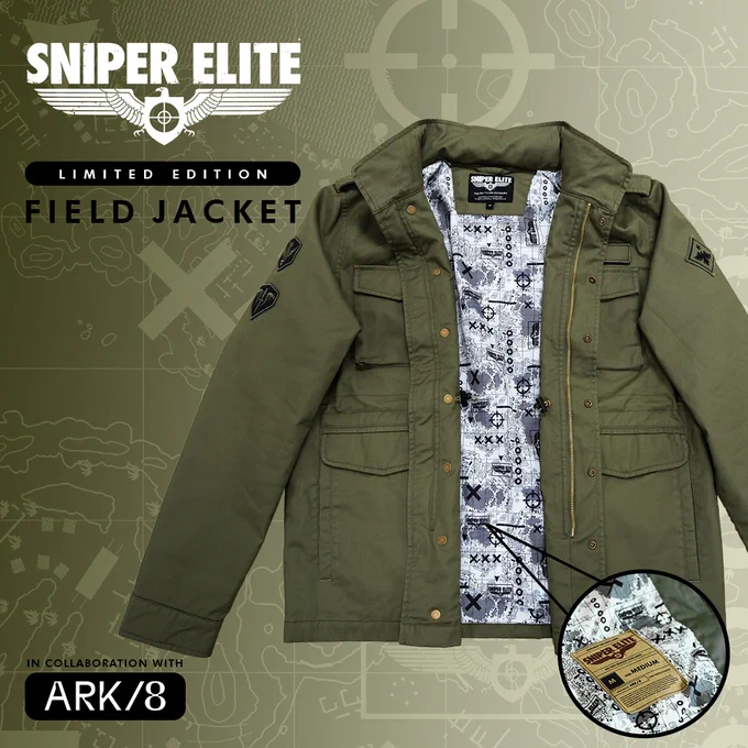Promotional image for a limited edition 'Sniper Elite' field jacket in collaboration with Ark/8, featuring an olive green jacket with a patterned lining, displayed against a topographic map background.