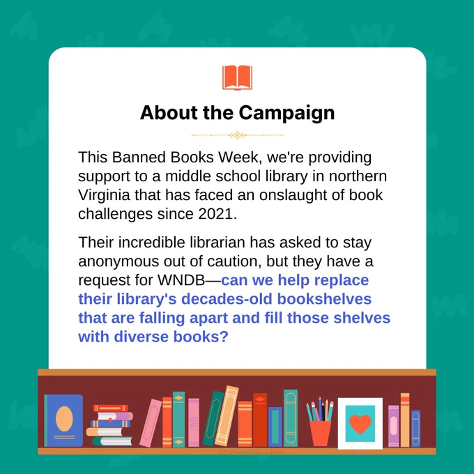 A promotional graphic describing WNDB’s donation campaign for Banned Books Week 2024. The slide is titled “About the Campaign” The body text reads as follows: “This Banned Books Week, we're providing support to a middle school library in northern Virginia that has faced an onslaught of book challenges since 2021. Their incredible librarian has asked to stay anonymous out of caution, but they have a request for WNDB—can we help replace their library's decades-old bookshelves that are falling apart and fill those shelves with diverse books?” At the bottom of the graphic is an illustration of a long bookshelf, full of books, writing supplies, and displayed art.
