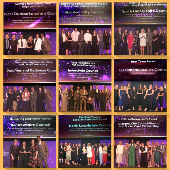 A collage of photos showing nine winning teams of the COSLA Excellence Awards 2024.