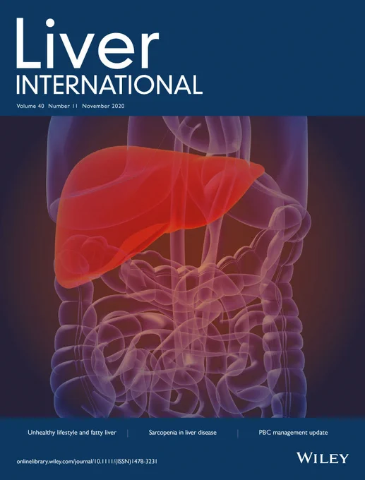 Cover of Liver International journal, Volume 40, Number 11, November 2020, featuring an anatomical illustration of a human liver in red overlaying a transparent outline of the human digestive system, against a dark blue background. The cover includes text about the journal's topics such as unhealthy lifestyle and fatty liver, sarcopenia in liver disease, and PBC management update.