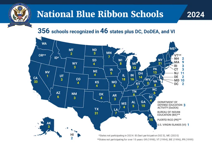 Map of United States indicating number of National Blue Ribbon awardees by state and territory. 