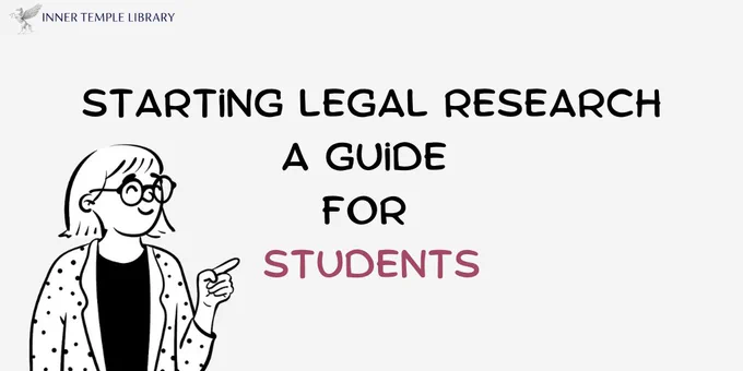Comic illustration of a librarian with glasses, a black top and a jacket with spots pointing to text in the middle of the image. The text reads: 'Starting legal research. A guide for students'.