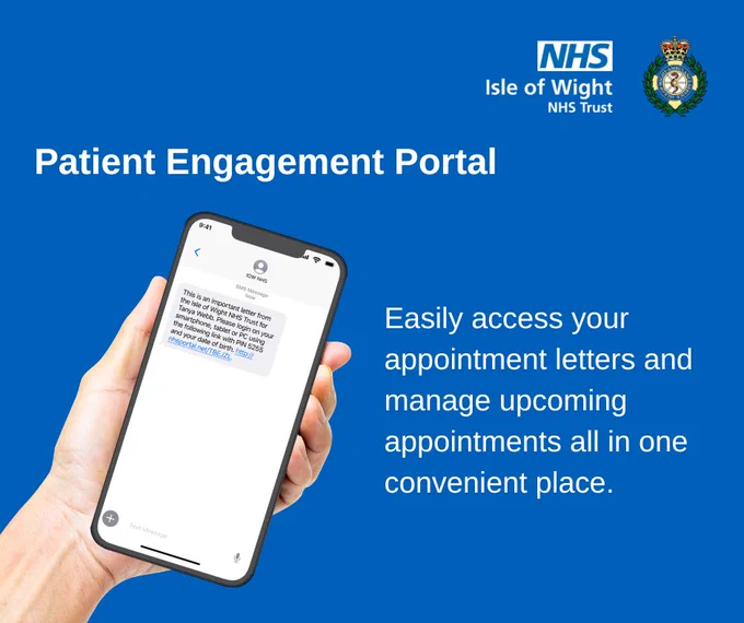 Blue background with a hand holding a smartphone displaying the NHS Isle of Wight Patient Engagement Portal, with text on the screen about managing appointments.