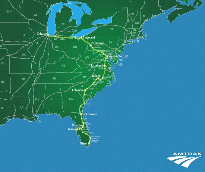 A map featuring the route of the Floridian, traveling from Chicago to Miami and stopping many times along the way. 