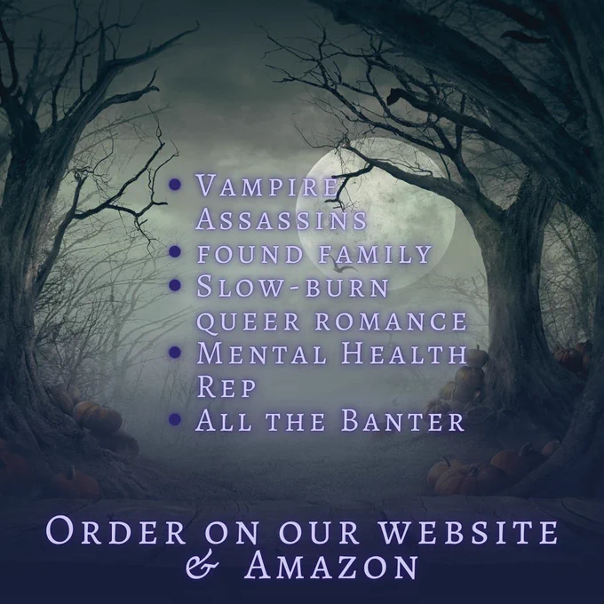 Dark winter forest scene with bullet points for the tropes found in Carnelian: Vampire assassins, found family, slow burn queer romance, mental health rep, all the banter. Order on our website and amazon