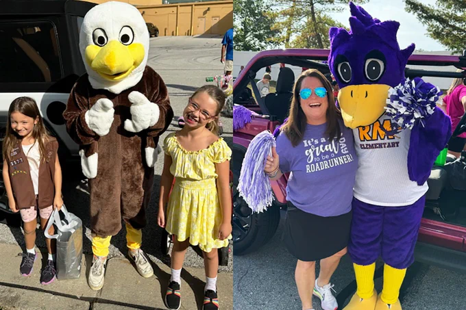 In two separate pictures, Rockwood mascots smile with students and an administrator at the Celebrate Wildwood parade.