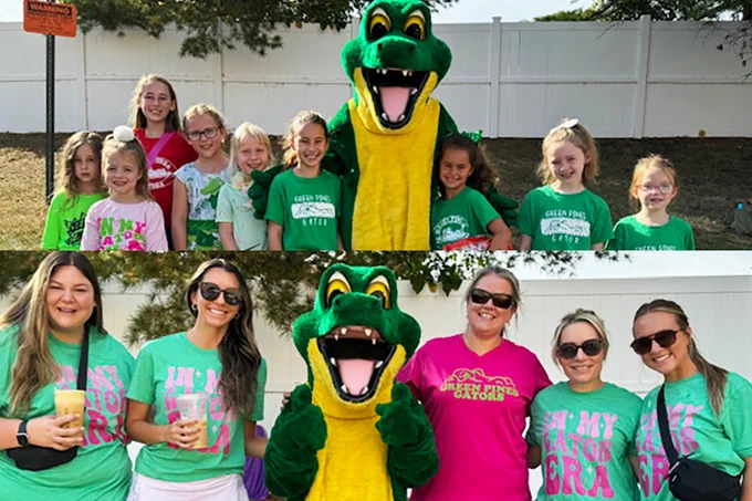 In two separate pictures, a Rockwood mascot smiles with students and staff members at the Celebrate Wildwood parade.