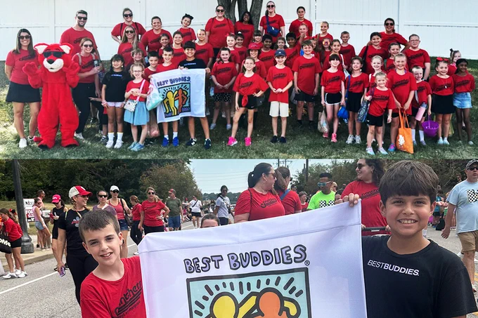 In two separate pictures, Rockwood students, staff and a mascot smile together and two students march with a "Best Buddies" banner in the Celebrate Wildwood parade.