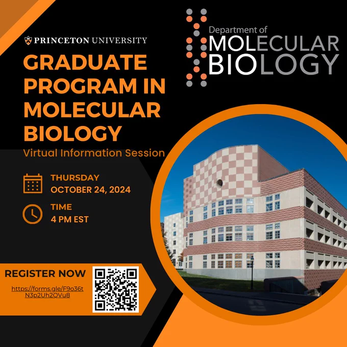Princeton University Graduate Program in Molecular Biology virtual information session announcement poster featuring the departmental logo and an image of the Lewis Thomas Laboratory facade.