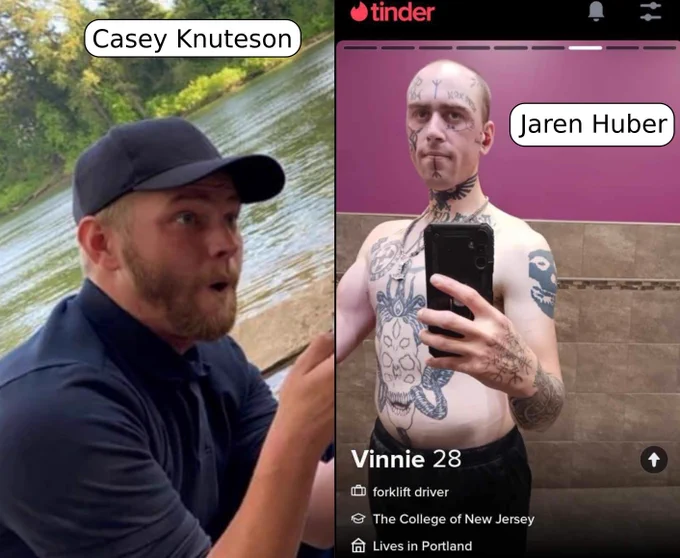 Left: Casey Knuteson, dipshit nazi from Gaston Oregon. He looks like a dog who just farted and surprised himself. Right: Jaren Huber, insufferable nazi from Portland Oregon. Jaren is shirtless in a gym bathroom and covered in terrible tattoos