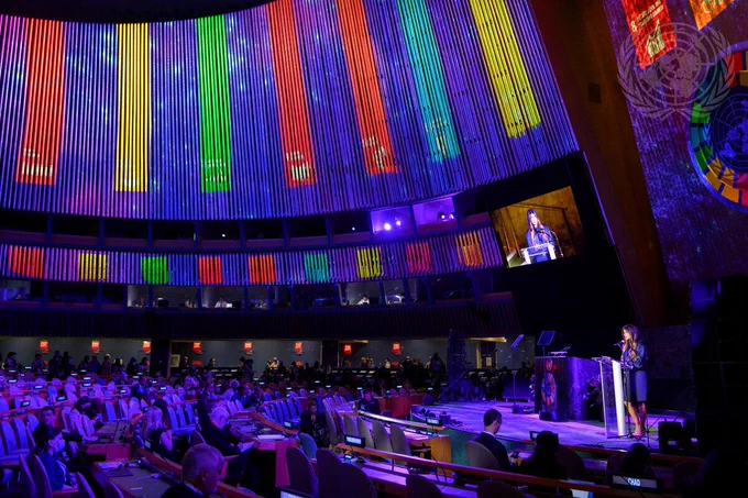 A wide view of the projections in the General Assembly Hall during the SDG Moment 2022.  

On the screens and at podium is Priyanka Chopra Jonas, Goodwill Ambassador of United Nations Children's Fund (UNICEF).