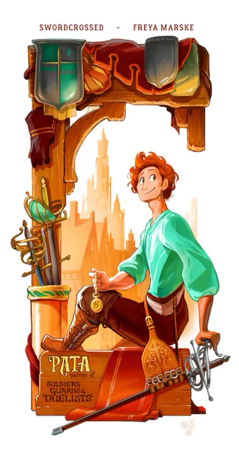
A colourful illustration of a young man in brown trousers and a loose green shirt with red hair sticking out everywhere. He's seated and smiling back over one shoulder, holding a gold pocket watch in one hand. The other hand rests on the elaborate hilt of a duelling rapier, and there are more swords leaned nearby. Beneath him are the words PATA: patron of soldiers, guards and duellists.
