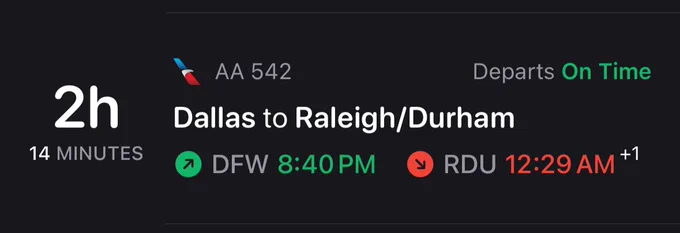 A screenshot of a flighty flight, showing DFW (Dallas) -> RDU (Raleigh/Durham)