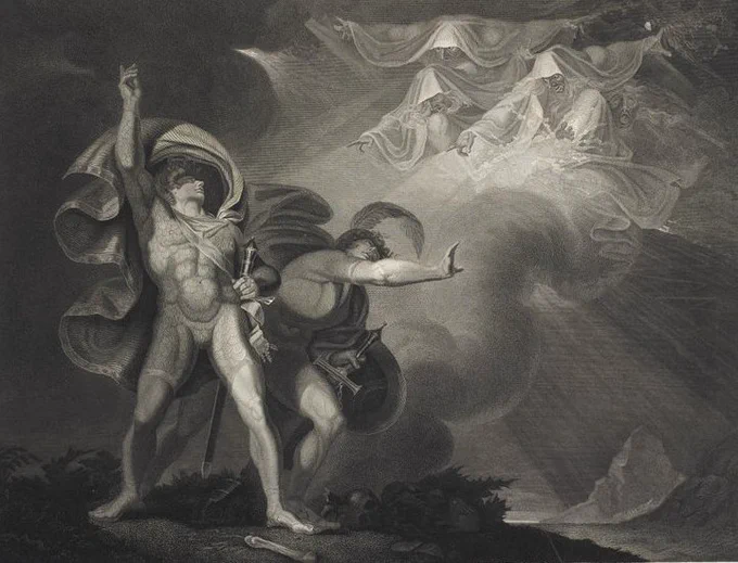 Print from the Boydell Shakespeare Gallery showing a scene from Macbeth, with a heath, Macbeth, Banquo and three witches