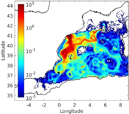 Map of caesium 137 concentration in surface waters of the Mediterranean 150 days after a nuclear accident