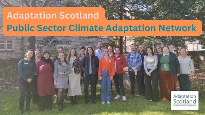 Text on an orange banner at the top of the image reads: 
Adaptation Scotland
Public Sector Climate Adaptation Network

A group of people stand together on grass underneath some trees.

The logo for Adaptation Scotland is in the bottom right corner. 