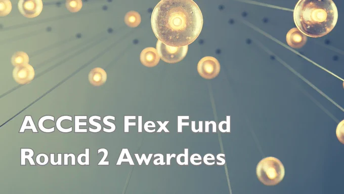 ACCESS Flex Fund Round 2 Awardees poster. Background light bulbs hanging from the ceiling.