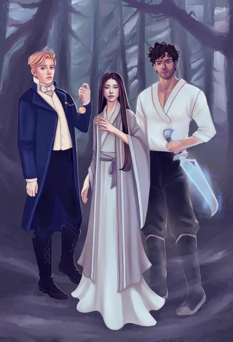 Illustration of 3 characters (L-R): a blond boy with short hair wearing a blue coat, white waistcoat and bow tie, black trousers and holding a gold fob watch. A black haired Asian woman wearing a grey hanfu. A brown curly haired and brown skinned boy wearing a white shirt, black trousers and boots and carrying a glowing blue sword. The background is a dark forest