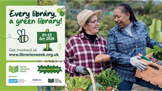 GLW 2024 poster, two women laughing and holding a baske with veggies, CILIP, EBSCO and GLW logos, glw url