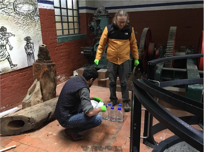 Open University researchers collecting samples: Anthony Scales (Left) and Dr Michael Macey (Right) at the Tower Hill Brine Pump, Droitwich