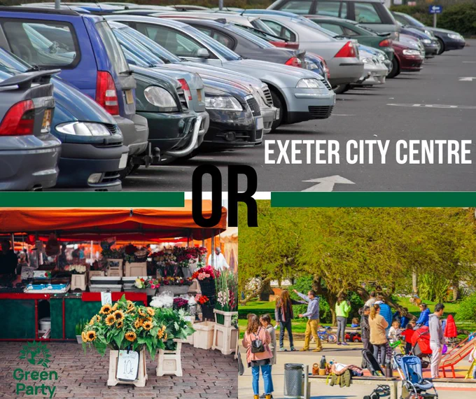 An image showing a car park at the top and images of a covered market and city park & play area underneath. The image poses the question: which do you want to see on the site of the former bus station in Exeter city centre? 