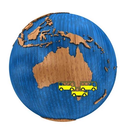 globe, showing australia. there are three pictures of yellow buses over sydney, adelaide and melbourne