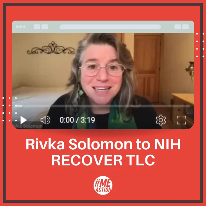Screenshot of a video with Rivka Solomon. Text underneath: Rivka Solomon to NIH RECOVER TLC. Screenshot shows: Rivka ( a person with light skin and medium length gray and brown hair wearing glasses and a colorful scarf) speaks into the camera. A bedroom can be seen behind her. 