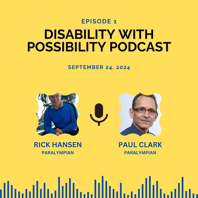Headshot of Rick Hansen - white man wearing a blue long sleeve track suit. Headshot of Paul Clark - white man with glasses and a dark grey dress shirt. Text: Disability With Possibility podcast. Episode 1. September 24, 2024.