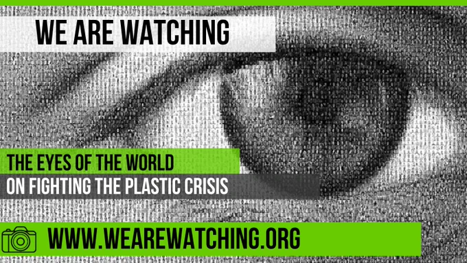 Picture: giant eye made of thousands of portraits, selfies, pictures. Text reads: the eyes of the world on fighting the plastic crisis. Greenpeace is collaborating with artist Dan Archer to kick off treaty talks with something that world leaders can’t ignore – a giant eye flying over Busan, South Korea to hold leaders accountable. Its message is crystal clear: The Earth is watching!  We have just weeks to help Dan collect images to build a giant flag with an eye made up of thousands of portraits and stories contributed by people from all around the world.