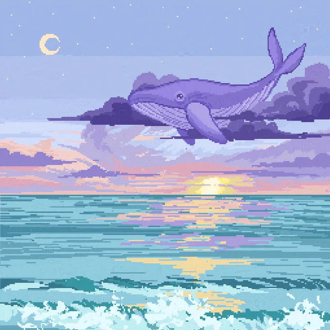 pixel art illustration of a pastel ocean with clouds. in the foreground clouds there is a whale