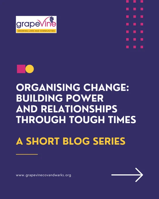 White and yellow text on a purple background with dots, squares and arrows decorating it reads, "Organising Change: building power and relationships through tough times. A short blog series."